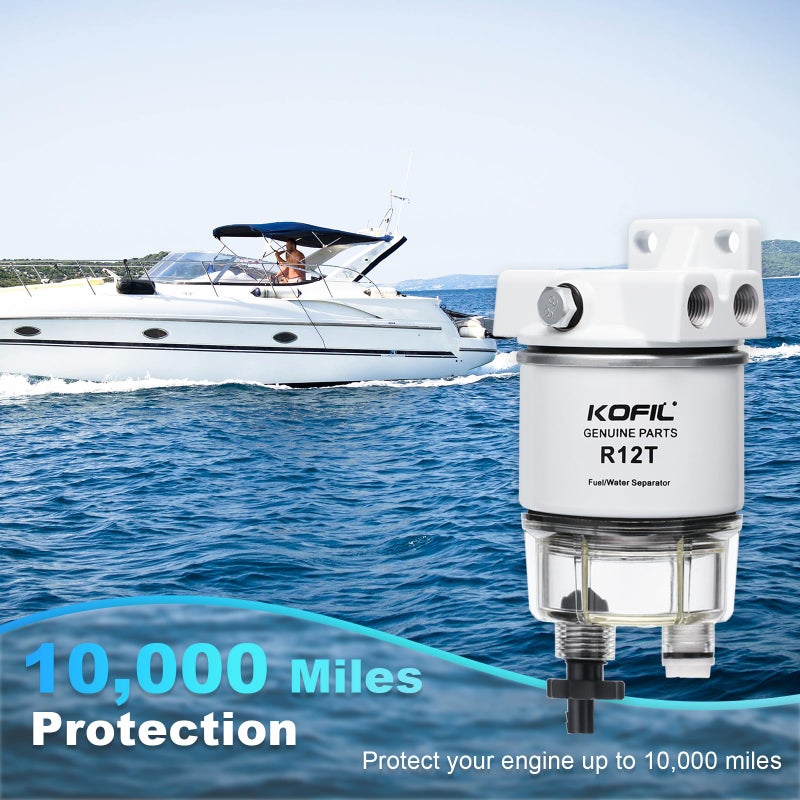 Kofil R12T Fuel Water Separator Marine Fuel Filter/Water Separator Assembly, for Outboard Motor Marine Engine, Replaces# S3240 120AT with 2 3/8" Barb Ã— 1/4" NPT Male Fittings 2 Plugs,10 Micron - Image 2